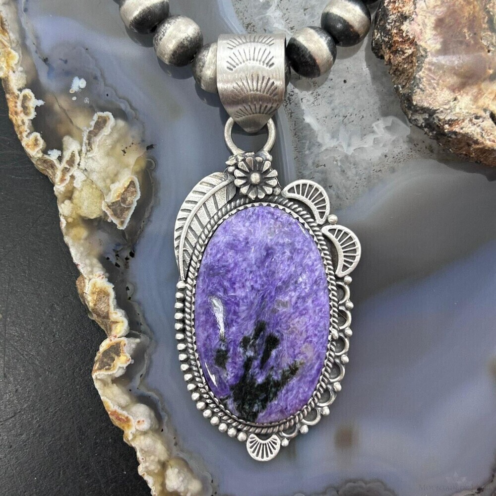 Sterling Silver Southwestern Style Oval Charoite Leaf Decorated Pendant